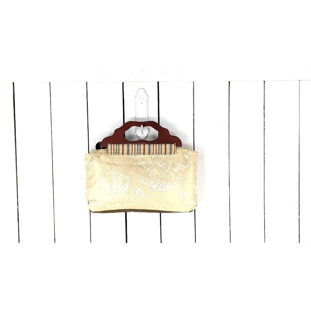 Lulu ivory tapestry damask floral wood handle hand bag purse